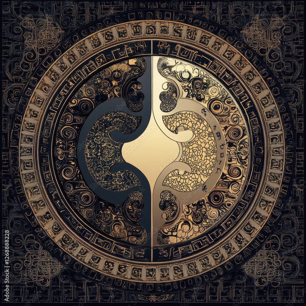 Poster elegant circular design with intricate patterns in gold and black