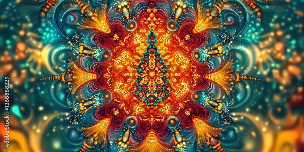 Poster symmetrical fractal pattern displays intricate details and vibrant colors