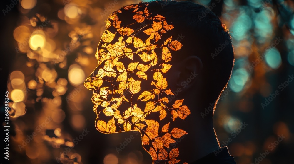 Poster vibrant portrait of a man glowing with leaves in a sunlit forest setting during golden hour