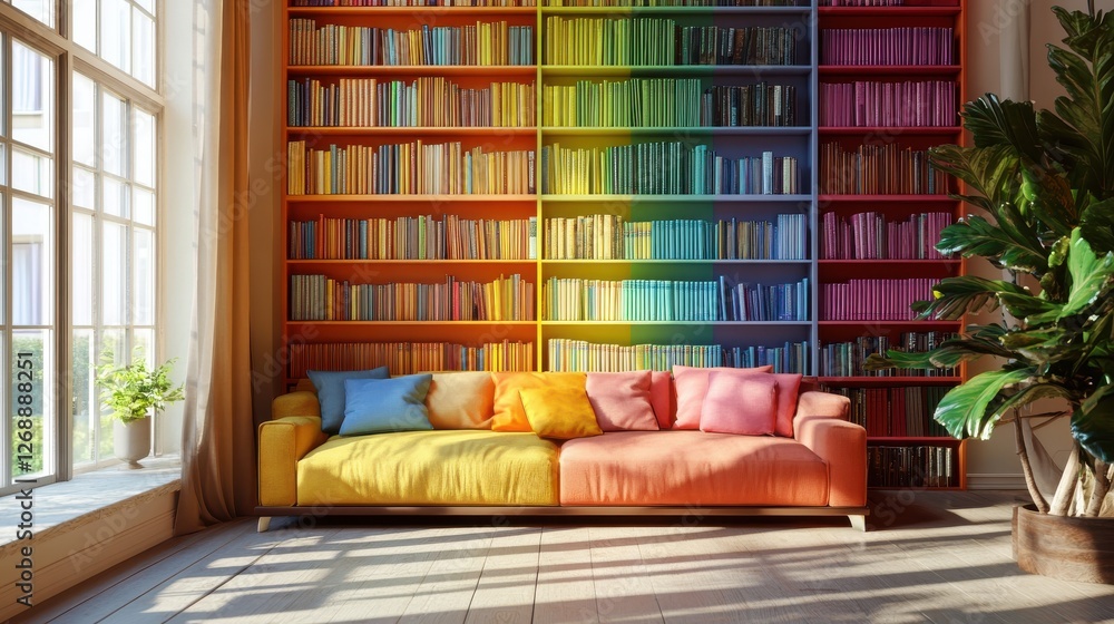 Poster vibrant library filled with colorful books and a cozy orange sofa inviting reading and relaxation