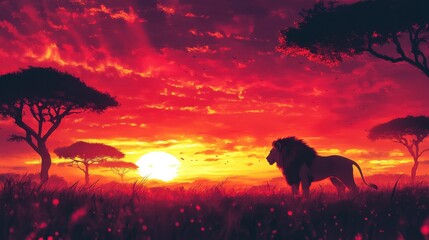 Naklejka premium Vibrant lion silhouette against a glowing sunset in the savannah landscape