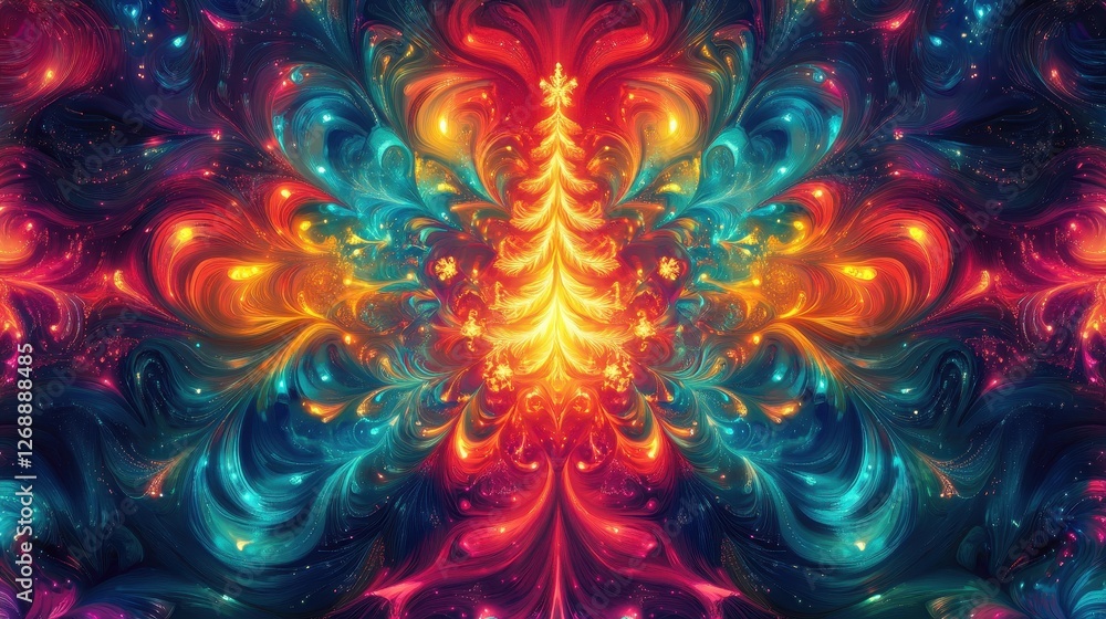 Poster symmetrical vibrant fractal design with a glowing central element
