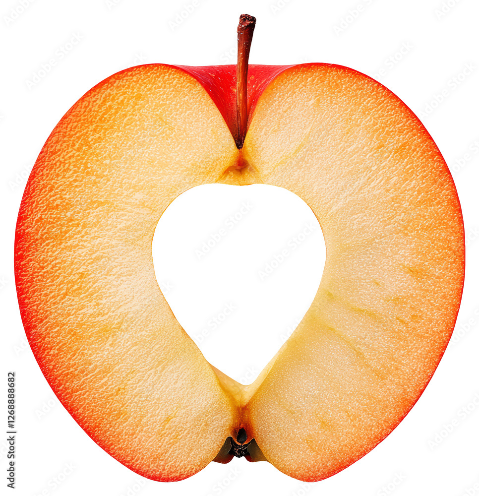 Poster sliced red apple half with heart shape core on transparent background high resolution
