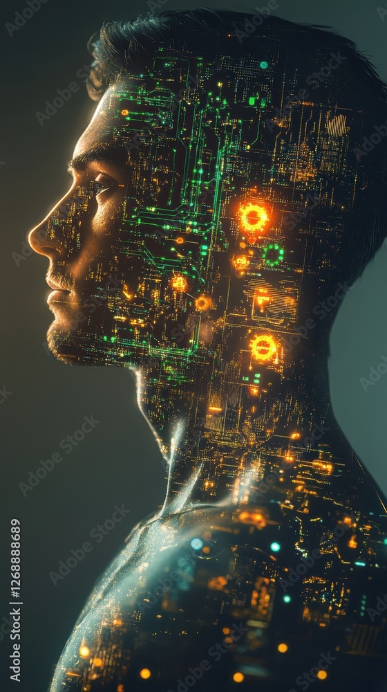 Leinwandbilder surreal representation of a glowing man with a digital circuit pattern in a futuristic setting