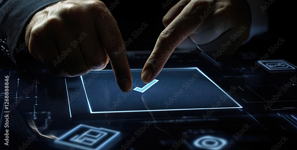 Poster two hands approving a digital check mark on a futuristic interface