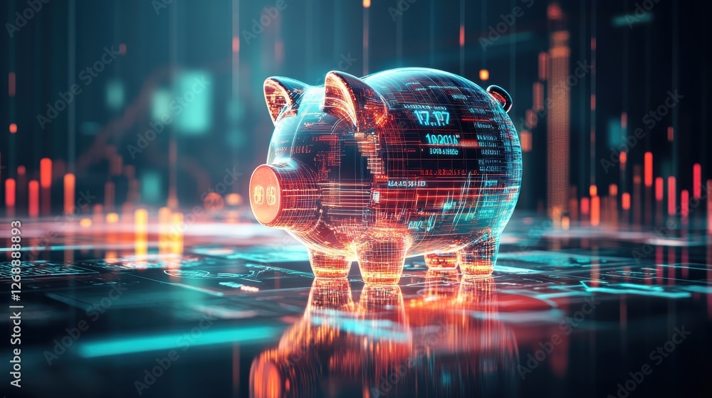 Aufkleber digital piggy bank showcasing modern finance concepts in a futuristic environment with intricate det