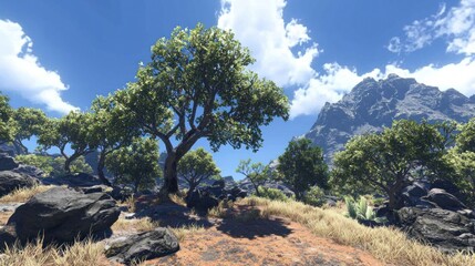 Obraz premium Sunny Mediterranean landscape with trees and rocks; Hiking/travel background