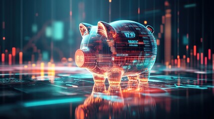 Digital piggy bank showcasing modern finance concepts in a futuristic environment with intricate details