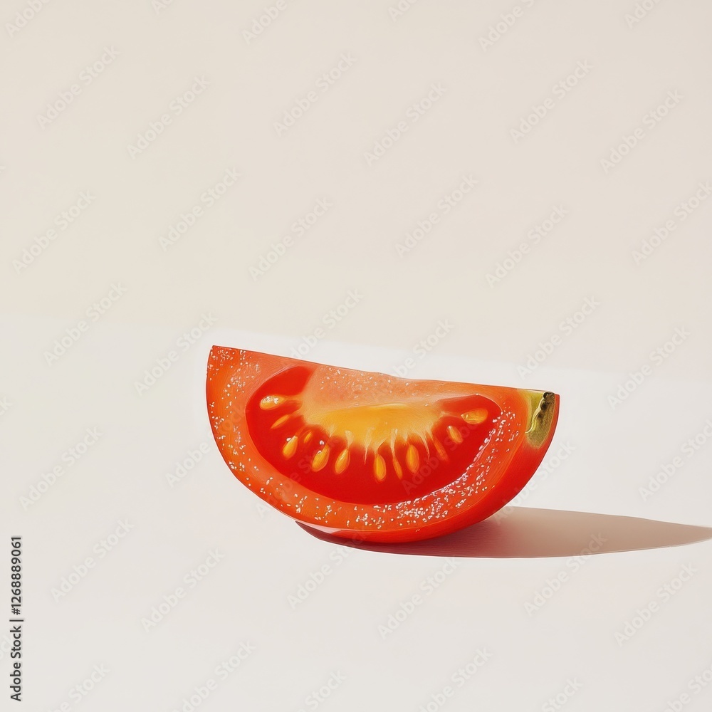 Poster juicy ripe tomato slice displaying vibrant red color and fresh seeds on a clean background