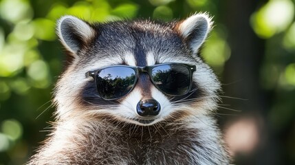 Playful raccoon in sunglasses looking mischievous