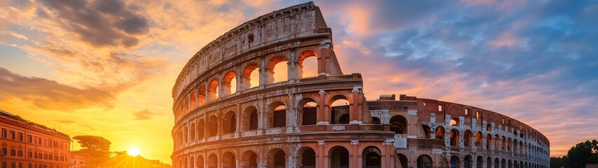 Fototapeta premium Breathtaking sunset over the iconic Colosseum in Rome Italy A stunning view of the historic ancient Roman architectural landmark against a dramatic vibrant sky