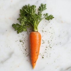 Fresh vibrant carrot with green tops resting on a marble surface ready for cooking or snacking