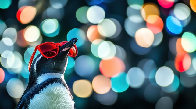 Penguin in red glasses with playful expression