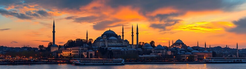 Breathtaking sunset over the iconic skyline of Istanbul Turkey with the majestic domes and minarets of the Blue Mosque Hagia Sophia