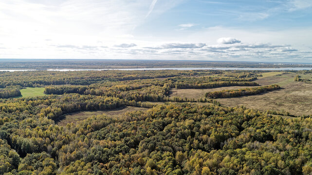Large forest with a river running through it. Golden colors of a beautiful September forest