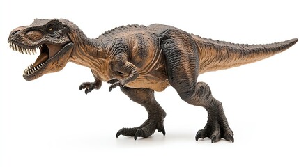 Fototapeta premium Menacing T-Rex figurine with sharp teeth, isolated and striking, conveying primal ferocity and raw power.