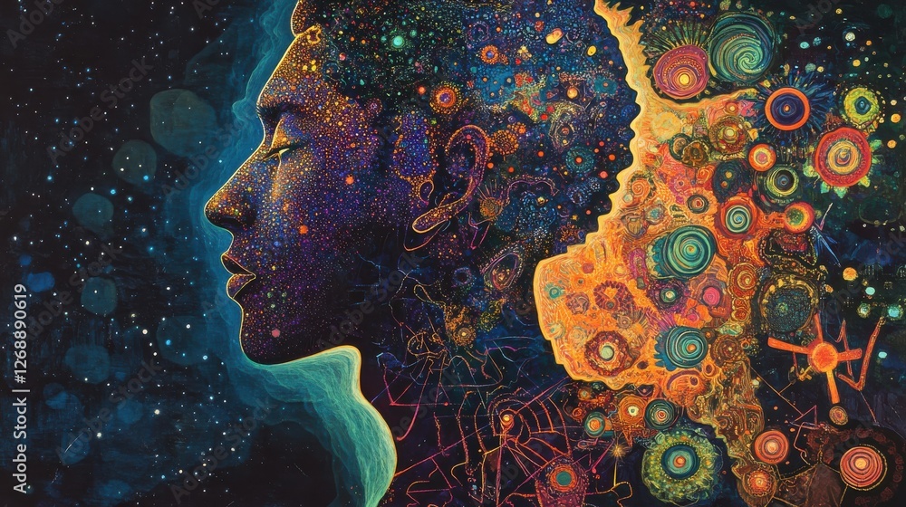Leinwandbilder mystical profile of a man filled with vibrant cosmic patterns and colors representing inner thoughts