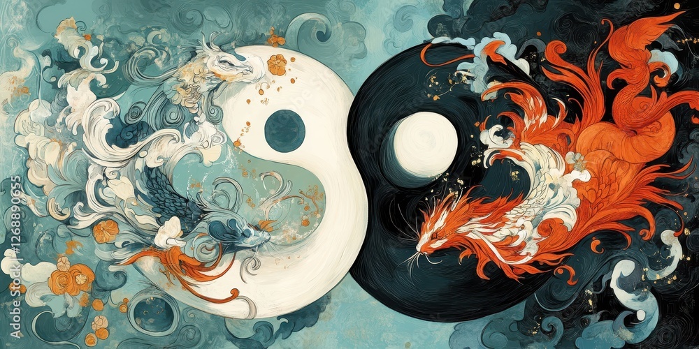 Poster yin and yang symbol depicting mythical creatures and elements