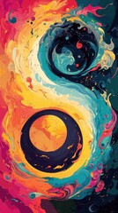 Abstract swirling composition resembling yin yang symbol with vibrant colors