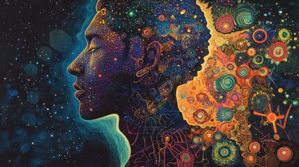 Mystical profile of a man filled with vibrant cosmic patterns and colors representing inner thoughts and dreams