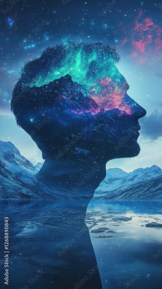 Poster mysterious landscape fills man's profile, blending dreams and reality in a cosmic setting