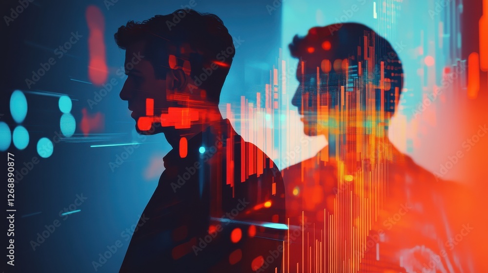 Leinwandbilder Modern investment managers analyze data in a futuristic setting with digital stock market visuals glowing around them