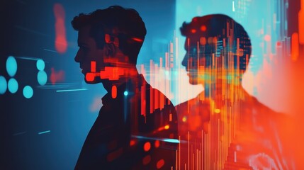 Modern investment managers analyze data in a futuristic setting with digital stock market visuals glowing around them