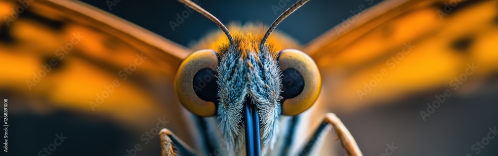 Poster close-up view of a colorful butterfly's face showcasing intricate details and vibrant colors in natu