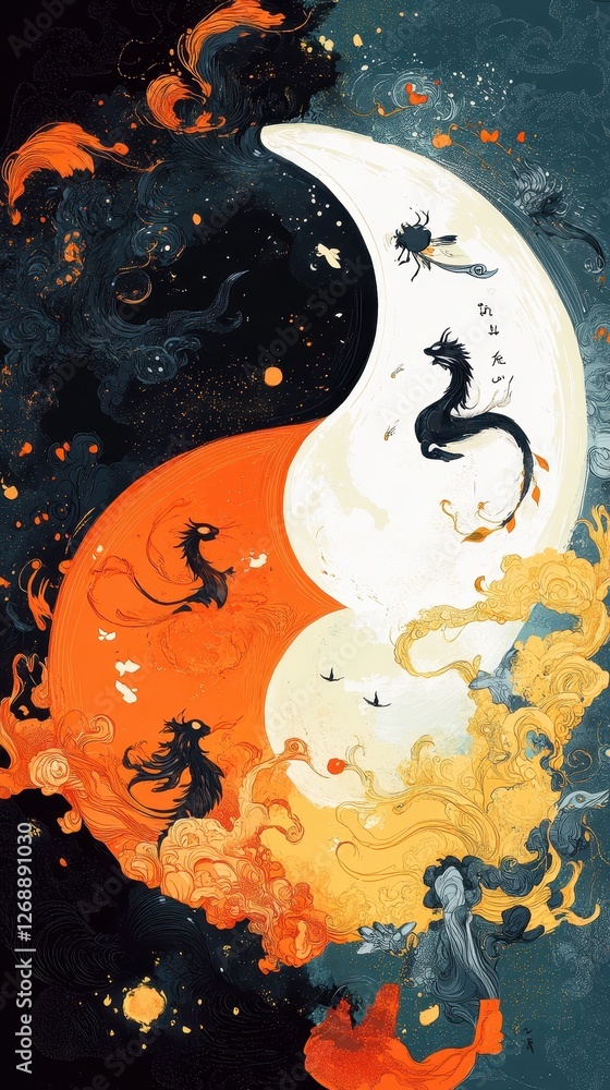Poster artistic rendering of a yin yang symbol with dragons