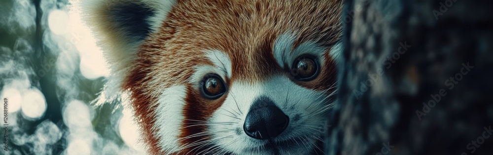 Poster Close-up view of a red panda's expressive face framed by natural greenery in a serene forest setting