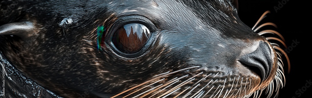 Poster close-up view of a seal's face showcasing intricate details of its fur and captivating eyes