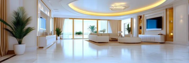 Elegant Living and Dining Room Interior Design - Luxurious open-plan living space, featuring modern furniture, large windows with ocean views, and sophisticated decor. Symbolizing: opulence, serenity