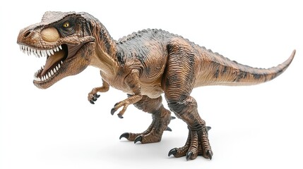 Fototapeta premium Menacing T-Rex figurine with sharp teeth, isolated and striking, conveying primal ferocity and raw power.