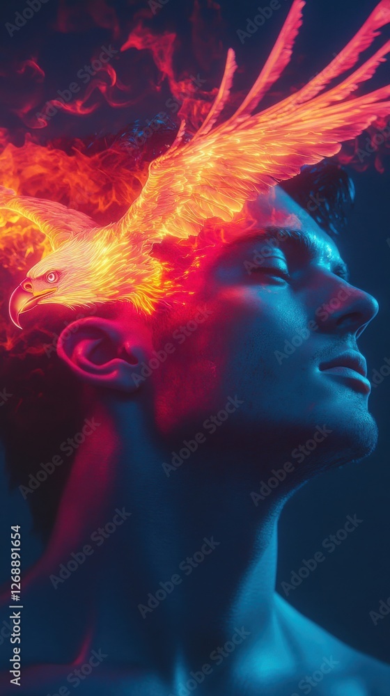 Fototapete dynamic profile of a man with fiery phoenix emerging from his head during a creative concept shoot i
