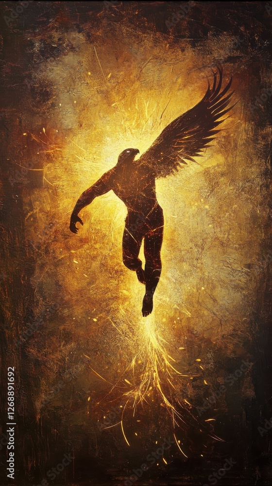 Aufkleber dynamic silhouette of a man soaring upward with vibrant light and wings against a textured golden ba