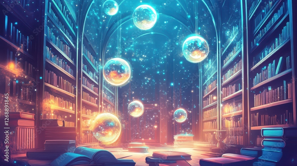 Poster magical library with floating orbs and ethereal light
