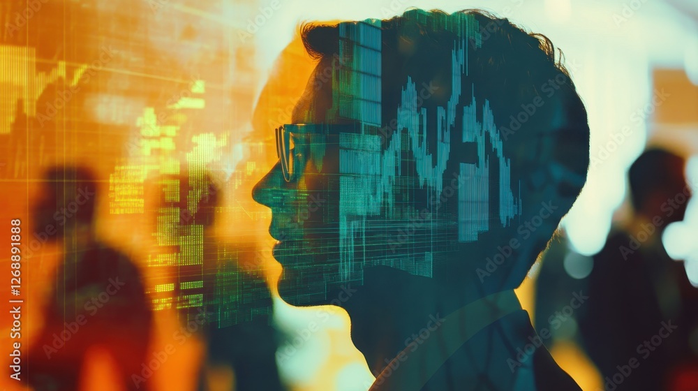 Fototapete creative double exposure showcasing a seminar participant with data visualization in the background