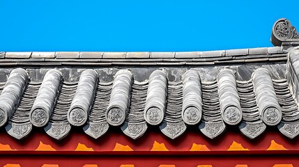 Traditional Chinese Roof Tiles Against Clear Blue Sky Background