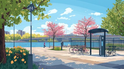 Riverside cycling hub offering scenic views and vibrant surroundings for outdoor enthusiasts