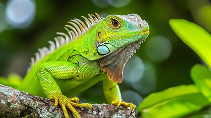 Obraz premium Close-Up of Vibrant Green Iguana on Branch in Lush Tropical Setting