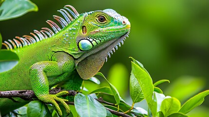Naklejka premium Vibrant Green Iguana Resting on Branch Surrounded by Lush Foliage