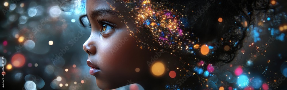 Aufkleber Conceptual portrayal of a child's face expresses curiosity and wonder with a galaxy of colors surrounding the profile