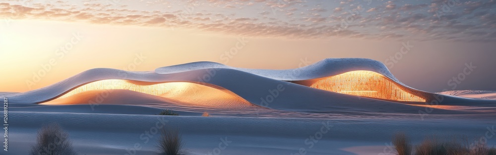 Poster glowing desert landscape with unique architectural design at dusk under a colorful sky