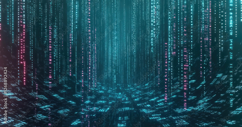 Poster stunning visualization of digital data flowing downwards in a cyberspace tunnel