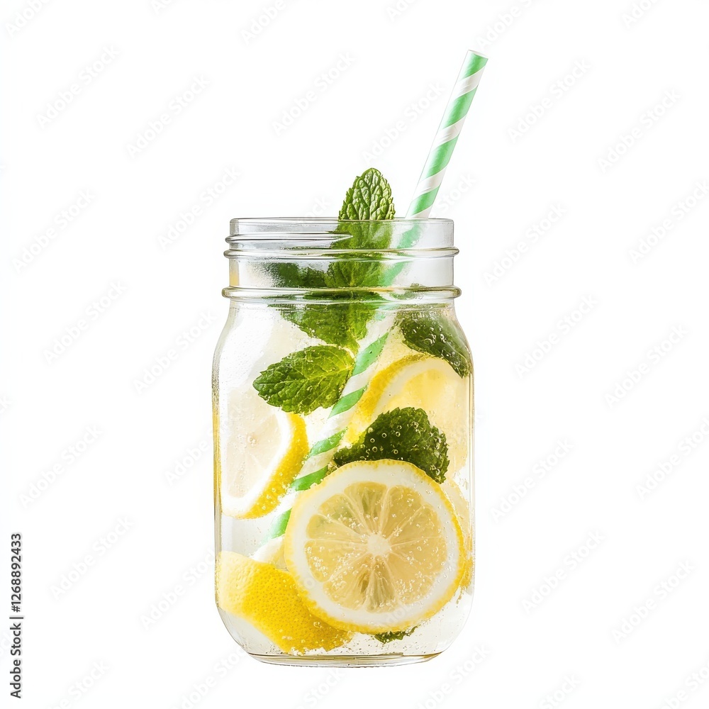 Poster refreshing lemon mint beverage served in a clear mason jar with a straw on a bright background