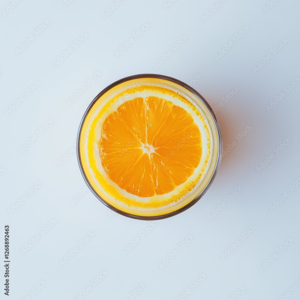 Poster freshly squeezed orange juice served in a clear glass on a white surface with a slice of orange on t