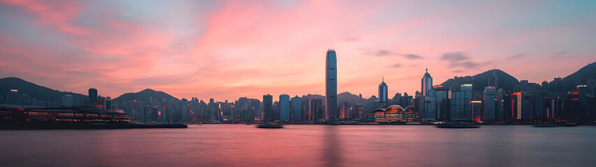 Obraz premium Breathtaking Sunset Skyline of Iconic Hong Kong Harbor and Financial District Panoramic view of the bustling city with skyscrapers lights and reflections in the water