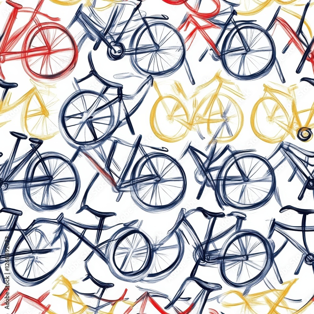 Poster colorful doodle of bicycles creating a vibrant pattern in a playful watercolor style