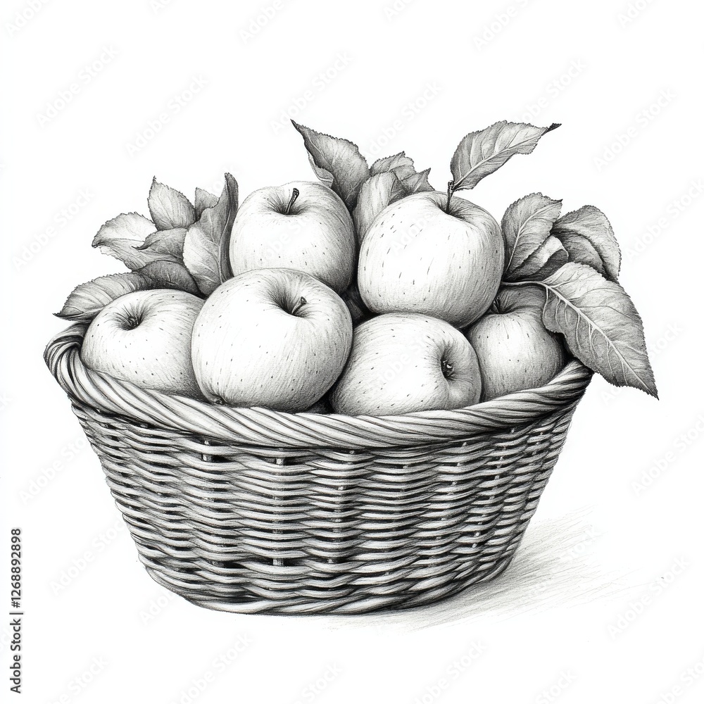 Poster Basket filled with freshly picked apples surrounded by leaves in a rustic setting