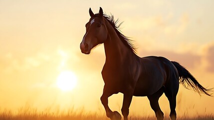 Obraz premium Majestic Horse Silhouette Against Golden Sunset Sky Landscape
